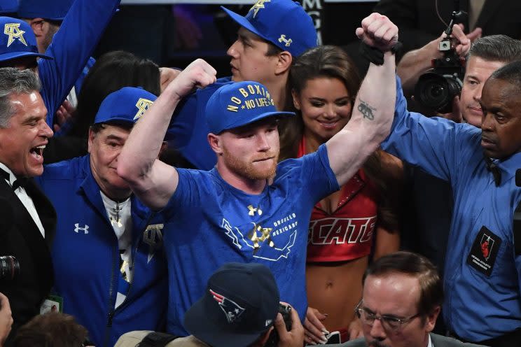 Canelo Alvarez celebrates his May 6 victory over Julio Cesar Chavez Jr. in Las Vegas. (Getty Images)