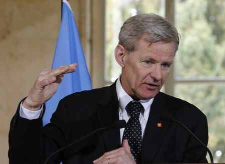 Special advisor to the United Nations Special Envoy for Syria Jan Egeland addresses a news conference after a meeting of the Task Force for Humanitarian Access at the U.N. in Geneva, Switzerland, March 23, 2016. REUTERS/Denis Balibouse