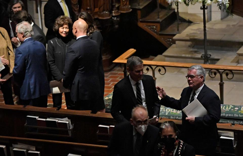 Tennessee Gov. Bill Lee speaks to Nashville Mayor John Cooper after the memorial service for former first lady of Tennessee Honey Alexander at Christ Church Cathedral in Nashville, Tenn., Saturday, Dec. 10, 2022.