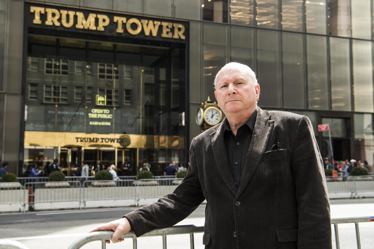 Concert pianist Jerome Rose in front of Trump Tower in New York on April 13. Rose advocated for sprinklers in high-rise apartments after a fatal fire&nbsp;in his building in 1998. (Photo: Damon Dahlen/HuffPost)