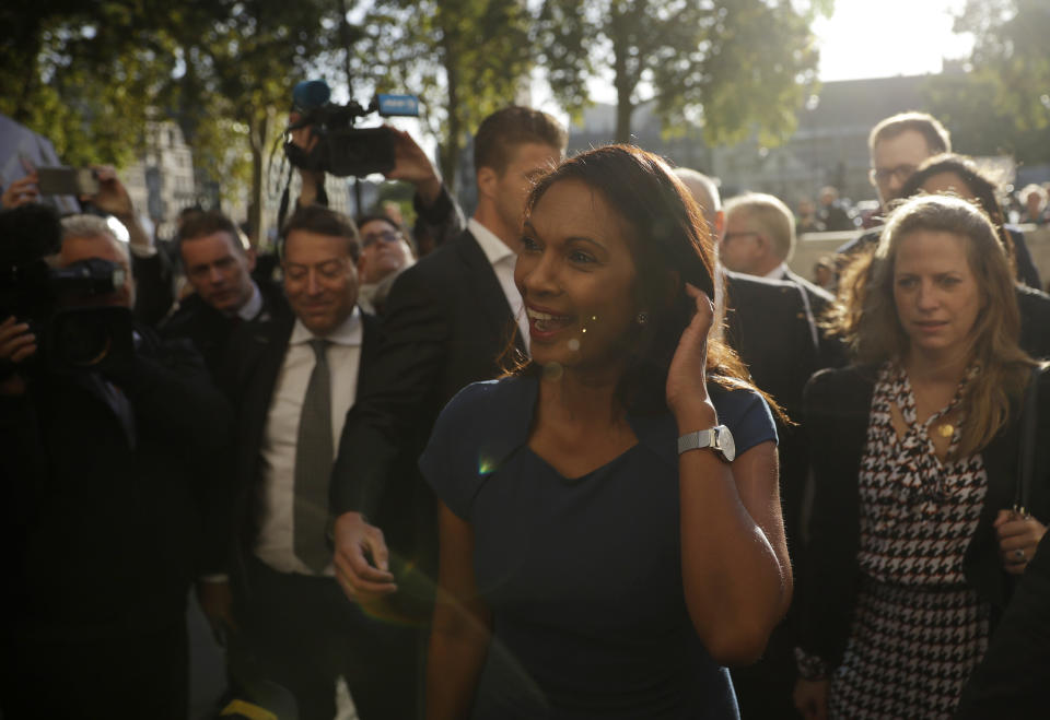 Anti Brexit campaigner Gina Miller arrives at the Supreme Court in London, Tuesday Sept. 17, 2019. The Supreme Court is set to decide whether Prime Minister Boris Johnson broke the law when he suspended Parliament on Sept. 9, sending lawmakers home until Oct. 14 — just over two weeks before the U.K. is due to leave the European Union. (AP Photo/Matt Dunham)