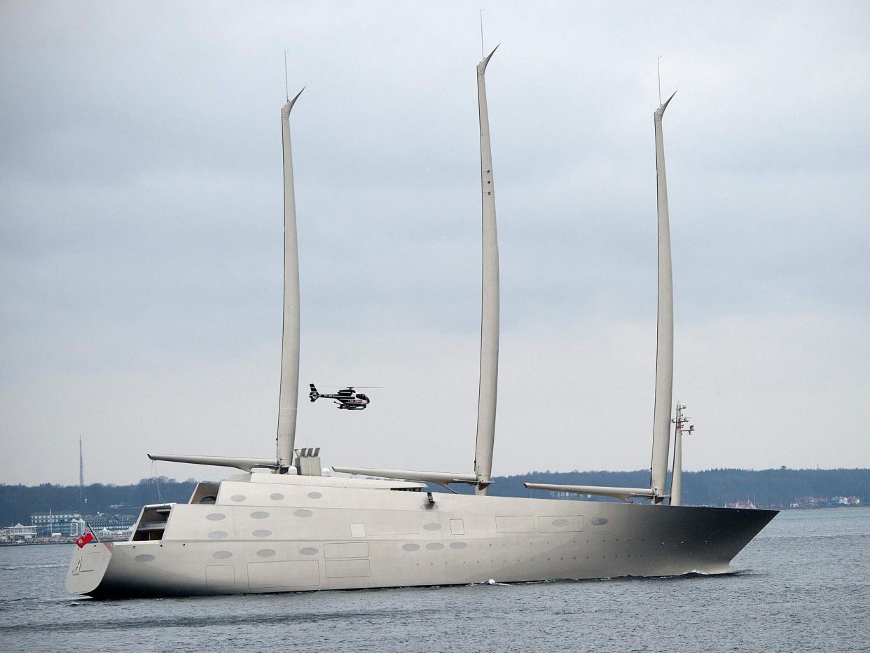 The luxury sail-assisted motor yacht 'Sailing Yacht A' passes Elsinore, North Sealand, Denmark, on 6 February 2017: AFP/Getty Images