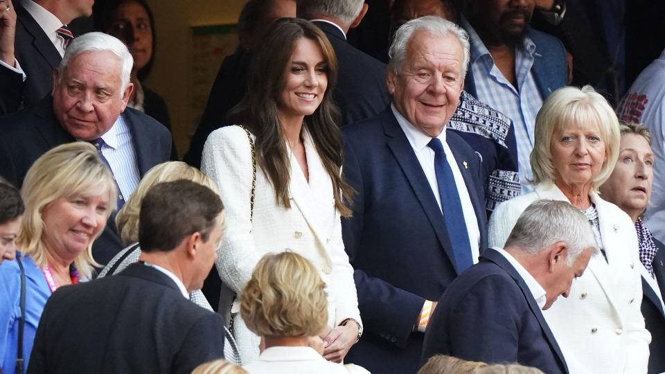 The Princess of Wales in the stands with Bill Beaumont, the chairperson of World Rugby (right) and his wife Lady Hilary Beaumont