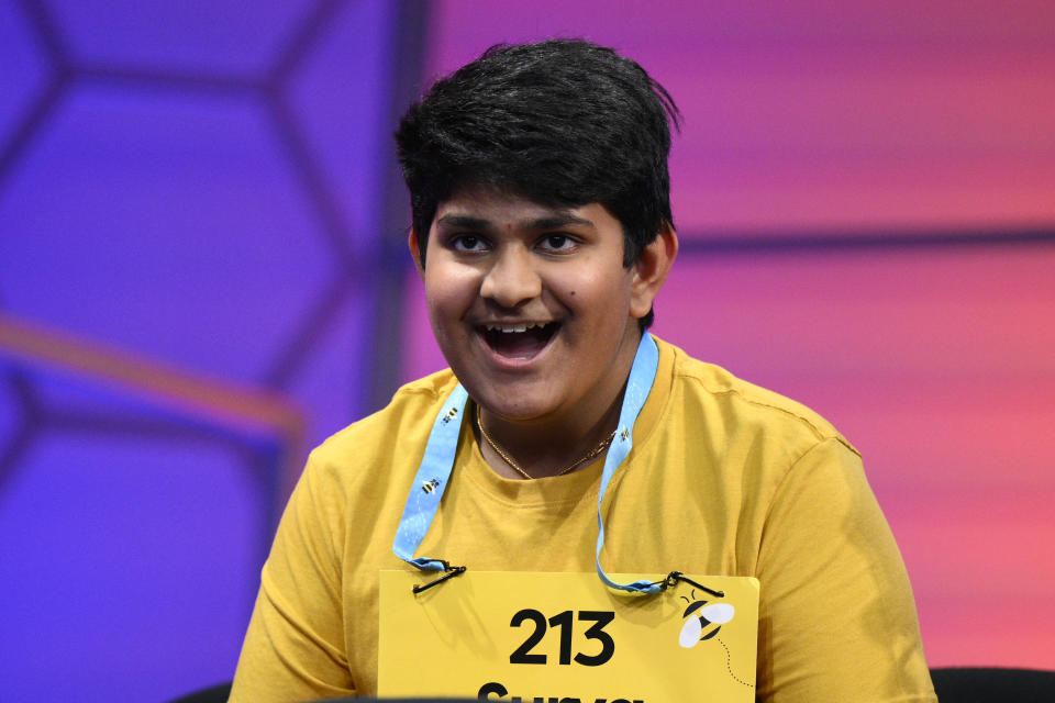 Surya Kapu, 14, from South Jordan, Utah, reacts during the Scripps National Spelling Bee, Wednesday, May 31, 2023, in Oxon Hill, Md. (AP Photo/Nick Wass)