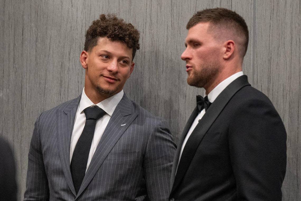 Kansas City Chiefs quarterback Patrick Mahomes, left, speaks to Pittsburgh Steelers linebacker T.J. Watt during the 101 Awards ceremony at the Loews Hotel on Friday, March 22, 2024, in Kansas City.