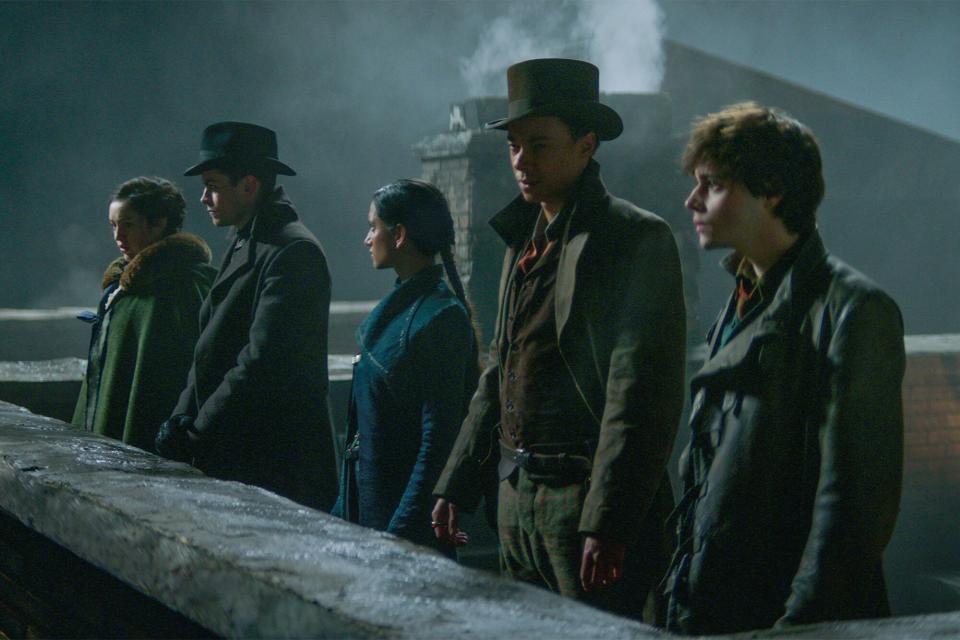 Shadow and Bone. (L to R) Danielle Galligan as Nina Zenik, Freddy Carter as Kaz Brekker, Amita Suman as Inej Ghafa, Kit Young as Jesper Fahey, Jack Wolfe as Wylan in episode 201 of Shadow and Bone.