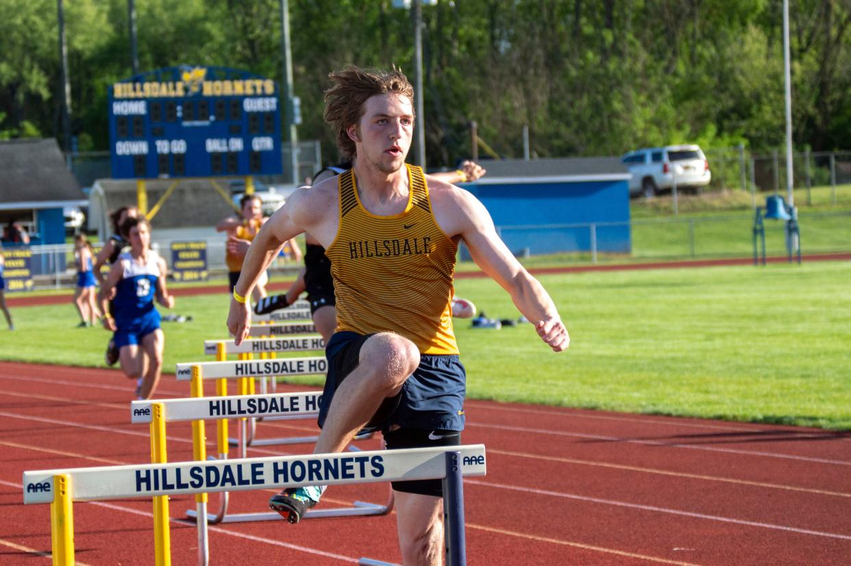 Hillsdale senior Brice Van Zant takes second in the 300 hurdles event, earning a new season-best time.