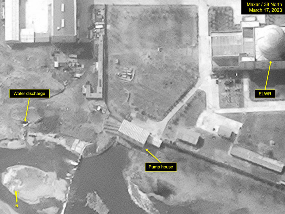 YONGBYON, NORTH KOREA -- MARCH 17, 2023:  Maxar satellite imagery of -- Figure 3b. Water discharge observed south of ELWR pump house.   Please use: Satellite image (c) 2023 Maxar Technologies. Analysis by 38 North.