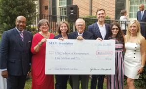 L to R: SECU Foundation Board members McKinley Wooten Jr.,        Jo Anne Sanford (Chair), and Jennifer Haygood, with UNC School of Government Dean Mike Smith, LFNC Executive Director Dylan Russell, LFNC lead faculty member Kara Millonzi, and Local Government Legal Educator Rebecca Badgett.