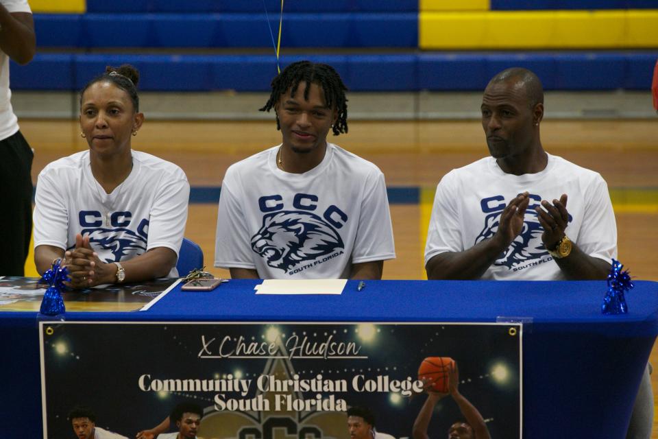 Rickards basketball players Kent Carroll (Tabor College), Chase Hudson (Community Christian College) and Shareed Ross (Hillsborough Community College) all signed National Letters of Intent on June 29, 2022, at Rickards High School.