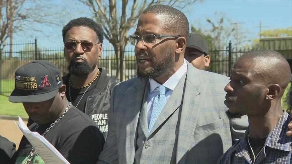 PHOTO: Eddie Parker, left, and Michael Jenkins, right, speak out with their attorney Malik Shabazz during a press conference on March 18, 2024 in Jackson, Miss. (WAPT)