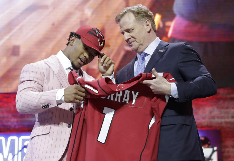 Oklahoma quarterback Kyler Murray poses with NFL Commissioner Roger Goodell after the Arizona Cardinals selected Murray in the first round at the NFL football draft, Thursday, April 25, 2019, in Nashville, Tenn. (AP Photo/Mark Humphrey)