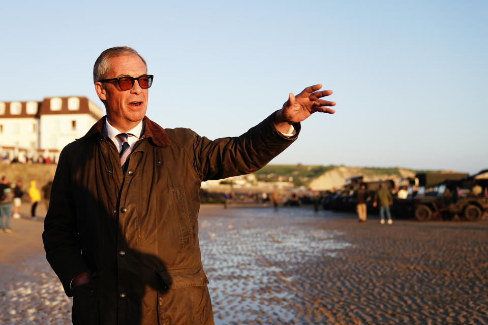 Leader of Reform UK Nigel Farage on Gold Beach in Arromanches in Normandy, France, to commemorate the 80th anniversary of the D-Day landings. Picture date: Thursday June 6, 2024. (Photo by Aaron Chown/PA Images via Getty Images)