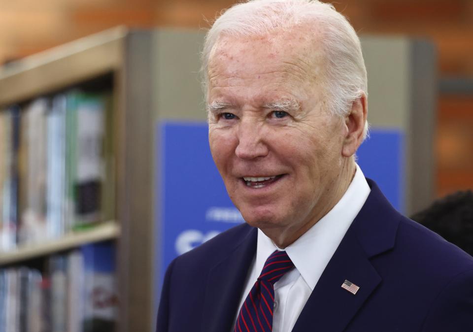 President Joe Biden prepares to deliver remarks on canceling student debt at Culver City Julian Dixon Library on February 21, 2024 in Culver City, California.