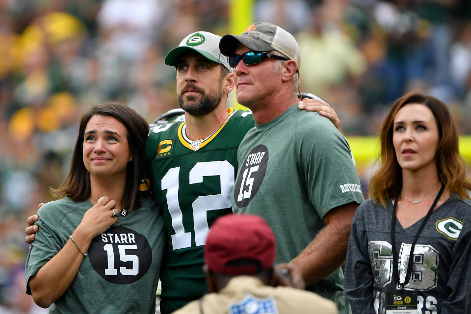 Brett Favre, who says he "gets along great" with Aaron Rodgers, thinks the Packers burned a bridge by drafting Jordan Love. (Quinn Harris/Getty Images)