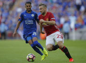 Football Soccer Britain - Leicester City v Manchester United - FA Community Shield - Wembley Stadium - 7/8/16 Manchester United's Luke Shaw in action with Leicester City's Riyad Mahrez Action Images via Reuters / Andrew Couldridge Livepic EDITORIAL USE ONLY. No use with unauthorized audio, video, data, fixture lists, club/league logos or "live" services. Online in-match use limited to 45 images, no video emulation. No use in betting, games or single club/league/player publications. Please contact your account representative for further details.