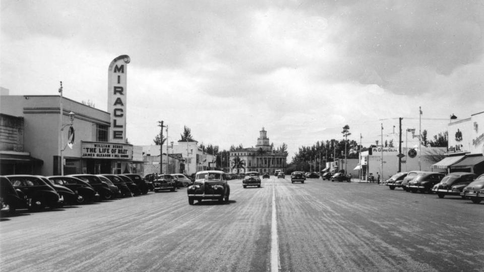 Coral Gables’ Miracle Mile, and the Miracle Theatre, in 1949. The movie palace was screening the 1949 comedy film, “The Life of Riley,” starring William Bendix, Rosemary DeCamp and James Gleason.