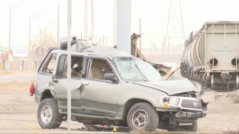 A crashed Mercury Mountaineer.