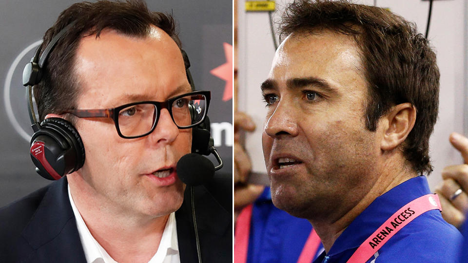 AFL reporter Damian Barrett (left) Brad Scott (right) are pictured in a split 50/50 image.