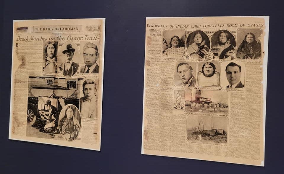 Reproductions of newspapers chronicling the Reign of Terror in the Osage Nation are on display on Oct. 12 in the pocket exhibit "Trust and Betrayal in Osage Country" at the Oklahoma History Center.