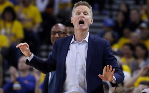 Golden State Warriors coach Steve Kerr yells during the first half of Game 2 of the team's second-round NBA basketball playoff series against the Houston Rockets in Oakland - Credit: AP