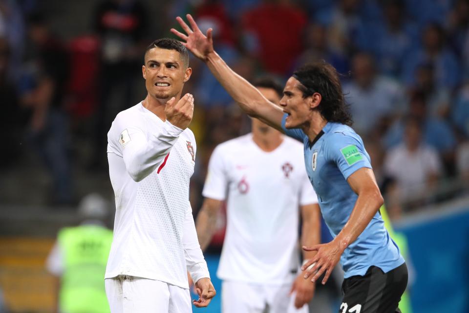 <p>Portugal’s Cristiano Ronaldo complains after Edinson Cavani scores the opening goal for Uruguay </p>