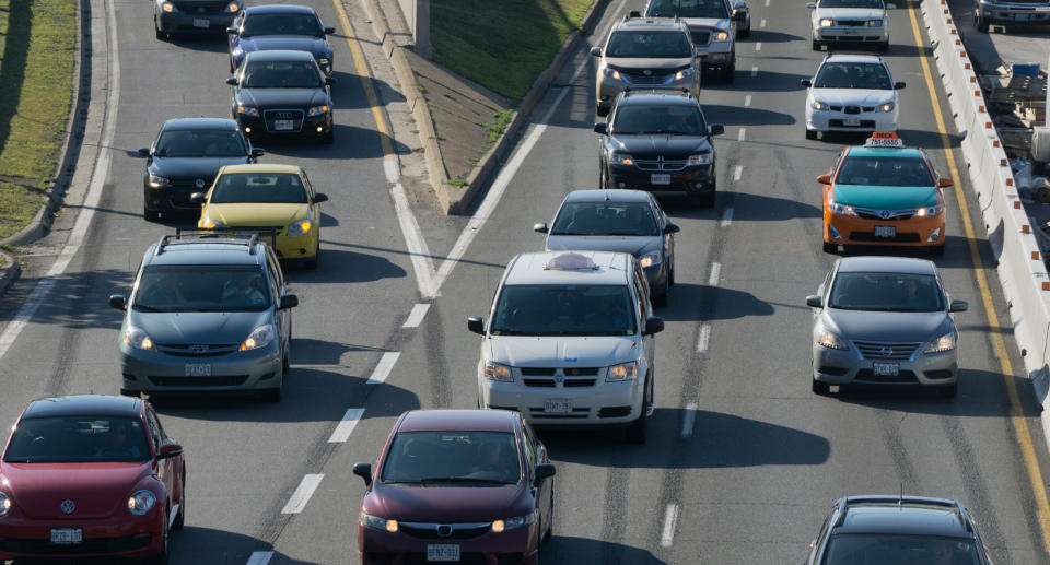 Traffic shown merging onto a freeway.