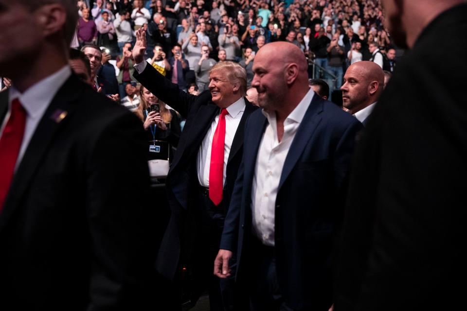 President Donald Trump and Ultimate Fighting Championship president Dana White arrive at Madison Square Garden to attend the UFC 244 mixed martial arts fights on Nov. 2.