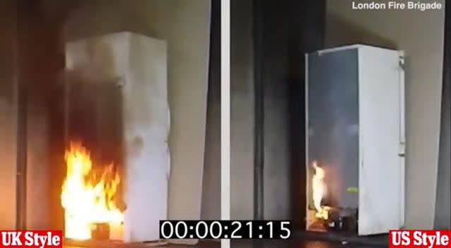 A burning conventional metal-backed American fridge (right) remains contained in comparison to the fireball of the plastic-backed British-style model. Picture: London Fire Brigade