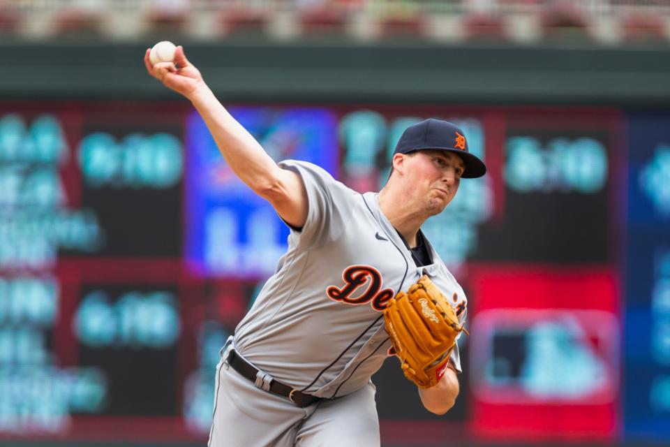 Detroit Tigers relief pitcher Kyle Funkhouser throws to the Minnesota Twins in the first inning of a baseball game, Saturday, July 10, 2021, in Minneapolis.