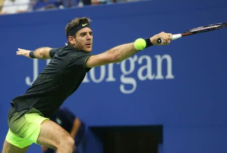 Sep 7, 2016; New York, NY, USA; Juan Martin Del Potro of Argentina hits a shot during his match against Stan Wawrinka of Switzerland on day ten of the 2016 U.S. Open tennis tournament at USTA Billie Jean King National Tennis Center. Jerry Lai-USA TODAY Sports