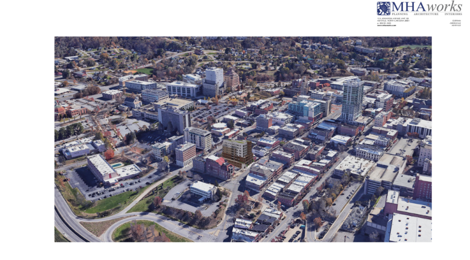 digital rendering of the boutique hotel and condominium as seen from an aerial view from the south. The project is proposed for 72 Broadway St. and was discussed by the Planning and Zoning Commission July 6. The proposed building sits near the center of the photo beside the Masonic Temple downtown.