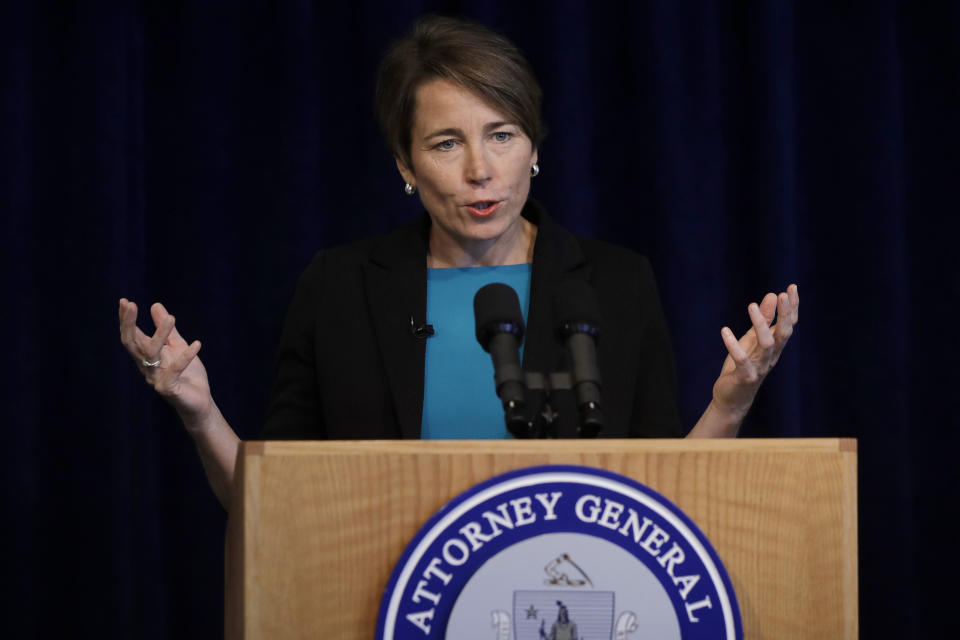 Massachusetts Attorney General Maura Healey takes questions from members of the media during a news conference, Monday, Sept. 16, 2019, in Boston. Healey detailed her efforts to continue to pursue Purdue Pharma and the Sackler family despite the company's decision to file for bankruptcy late Sunday, Sept. 15, 2019. (AP Photo/Steven Senne)