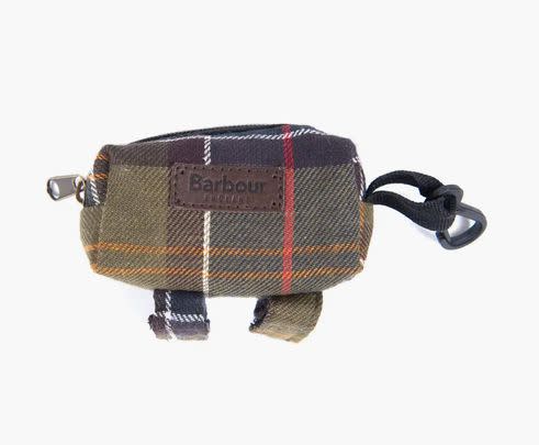 A whimsically chic Barbour poop bag holder that clips to a leash