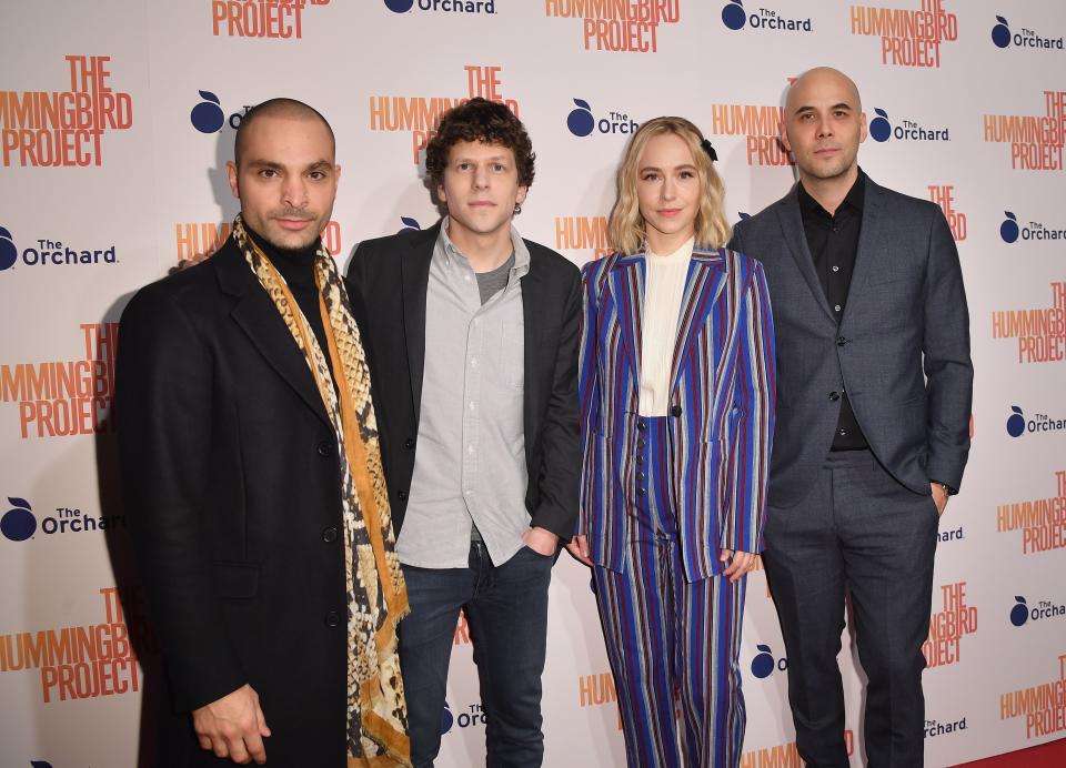 (L-R) Actors Michael Mando, Jesse Eisenberg, Sarah Goldberg and director Kim Nguyen attend the 'The Hummingbird Project' New York screening at Metrograph on March 11, 2019 in New York City. (Photo by Angela Weiss / AFP)        (Photo credit should read ANGELA WEISS/AFP via Getty Images)