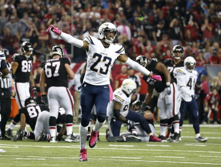 Oct 23, 2016; Atlanta, GA, USA; San Diego Chargers strong safety Dexter McCoil (23) celebrates a defensive stop of the Atlanta Falcons in overtime of their game at the Georgia Dome. The Chargers won 33-30 in overtime. Mandatory Credit: Jason Getz-USA TODAY Sports