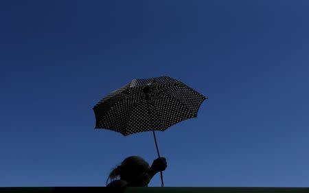 Spectator sheilds from the sun using an umbrella on Court 18 at the Wimbledon Tennis Championships in London, June 30, 2015. REUTERS/Suzanne Plunkett