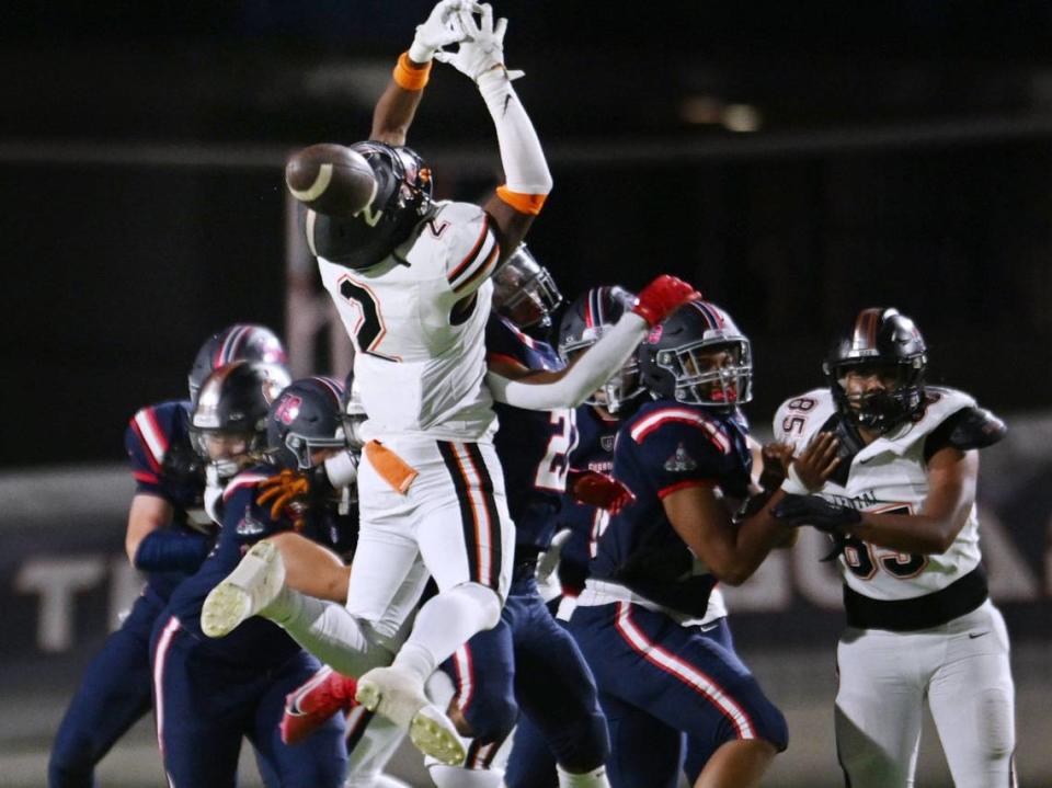 Central High’s Brandon Smith almost makes an interception against Garza High in the opening game of the 2024 season at Koligian Stadium Friday, Aug. 23, 2024 in Fresno.