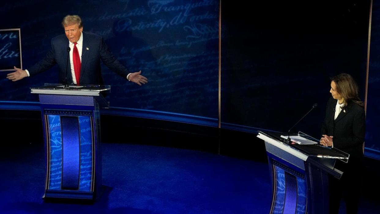 PHOTO: Republican presidential nominee former President Donald Trump speaks during a presidential debate with Democratic presidential nominee Vice President Kamala Harris, Sept. 10, 2024, in Philadelphia. (Alex Brandon/AP)