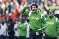 Oregon head coach Dan Lanning calls to players during the first half of an NCAA college football game against Oregon State on Saturday, Nov 26, 2022, in Corvallis, Ore. (AP Photo/Amanda Loman)