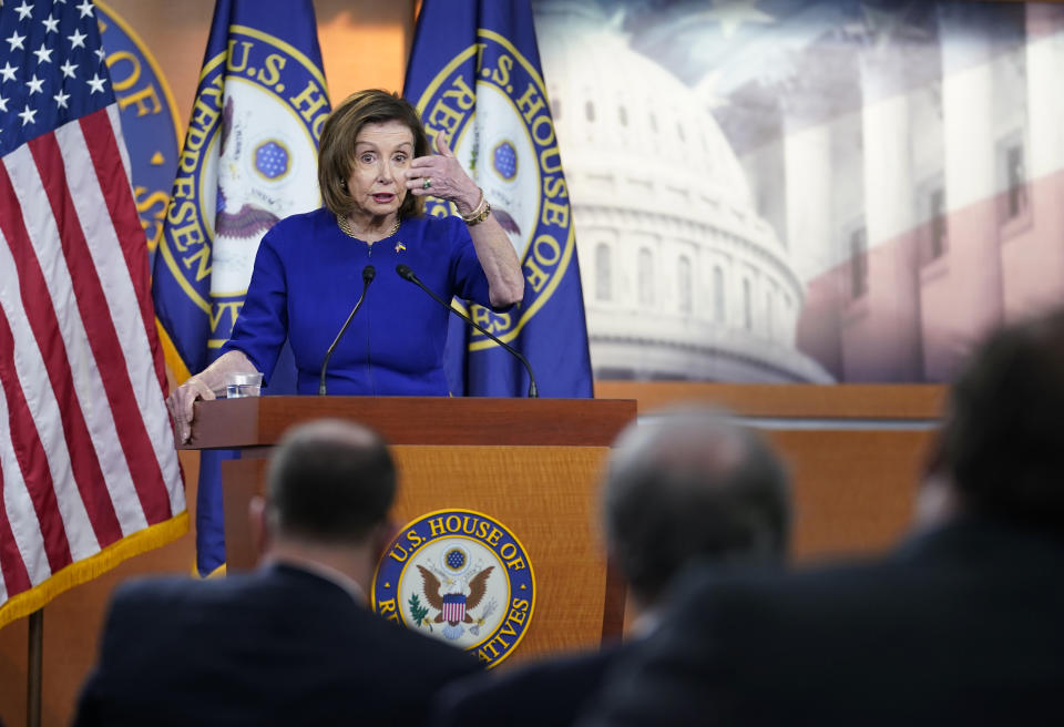 House Speaker Nancy Pelosi, D-Calif., speaks about gas prices during a press conference, Thursday, April 28, 2022, on Capitol Hill in Washington. (AP Photo/Mariam Zuhaib)