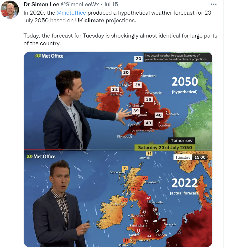 Climate expert Dr Simon Lee compared the Met's hypothetical 2050 forecast with this week's real one (Twitter) 