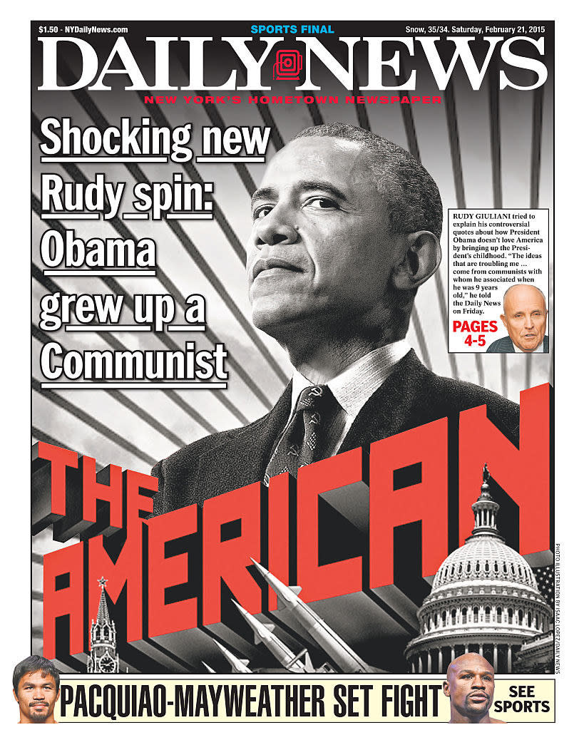 Front page of Daily News with headline about Rudy Giuliani's comments on Obama and a teaser for Pacquiao-Mayweather fight