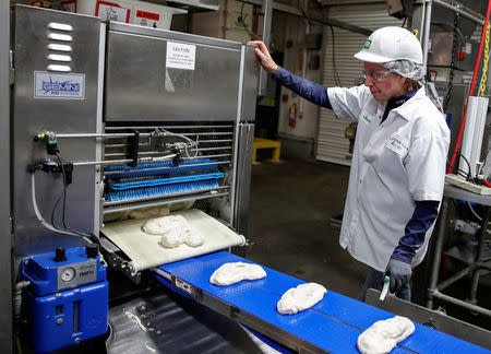 An employee checks on a dough during the production process at the Gonnella Baking Company in Aurora, Illinois, U.S., November 16, 2017. REUTERS/Kamil Krzaczynski