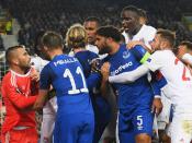 Everton fan appears to throw punch at Lyon player while holding child during fight triggered by Ashley Williams tackle