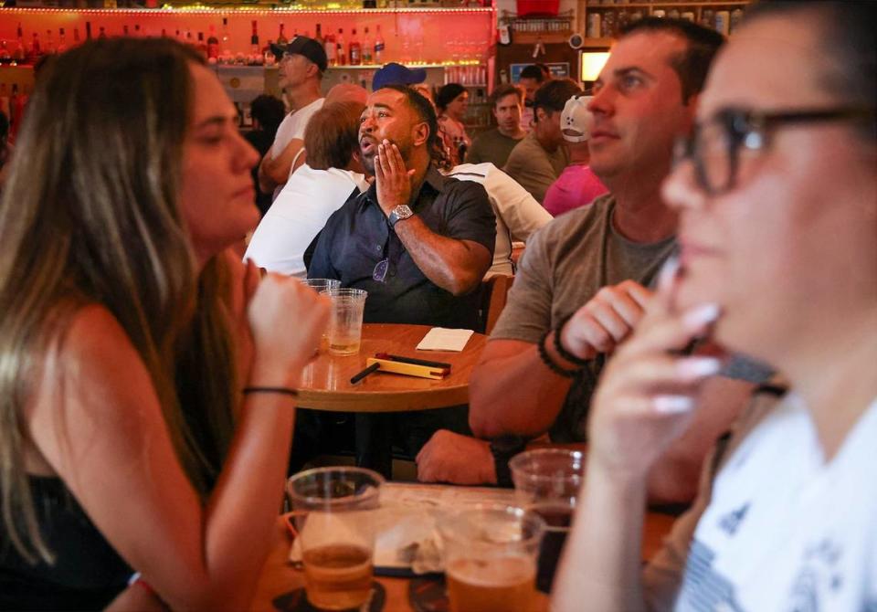 Duane Kingston of Miami reacts to Germany’s play during the televised match between Germany and Switzerland inside Fritz & Franz Bierhaus in Coral Gables.