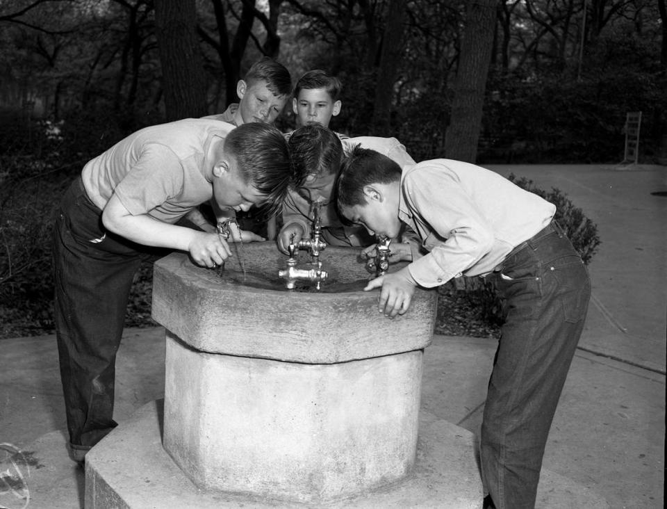 April 3, 1947: Decatur fifth-graders swarmed over Forest Park Zoo in happy abandon. Thursday was “Decatur Day” at the zoo. Teacher, Miss Bell Ford, brought fifth-grade students on a field trip. From left: Wilton Van Mabry, Cameron Milligan, James Ford, Kenneth Lambert and Kenneth Watson.