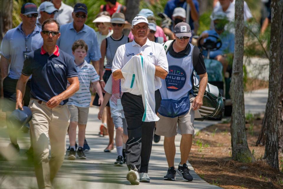 Fred Couples makes his way to the 18th hole tee box during the first day of the Chubb Classic, Friday, April 16, 2021, at the Tiburon Golf Club in North Naples.