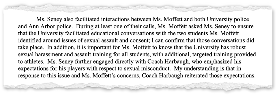 A July 2021 letter from an attorney representing the University of Michigan to Mary Moffett’s attorney summarizes the steps school officials took in response to her letter.