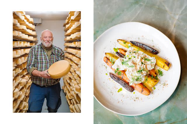 <p>Clara Tuma</p> From left: Pascal Cordonnier with his famous raclette, which can be sampled at Six Senses Crans-Montana; roasted carrots with burrata at Wild Cabin, a restaurant at Six Senses.